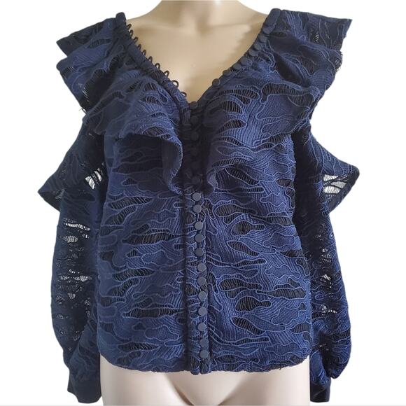 Self-Portrait Navy Guipure Lace Ruffled Cold Shoulder Blouse (US 2) - Picture 2 of 8
